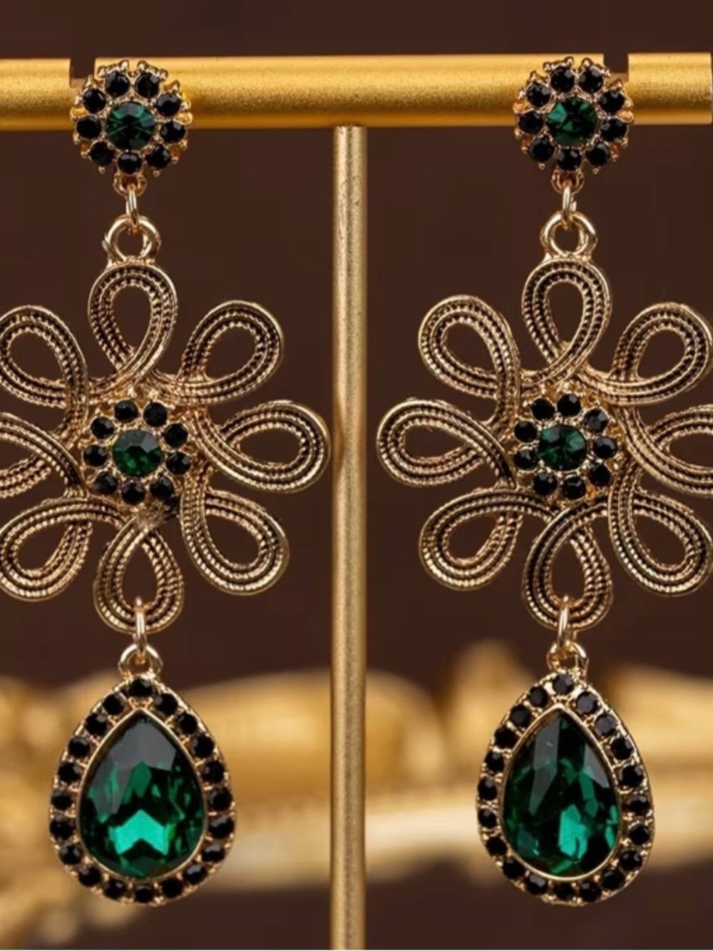 Gold-tone Floral Drop Earrings with Emerald and Black Accents